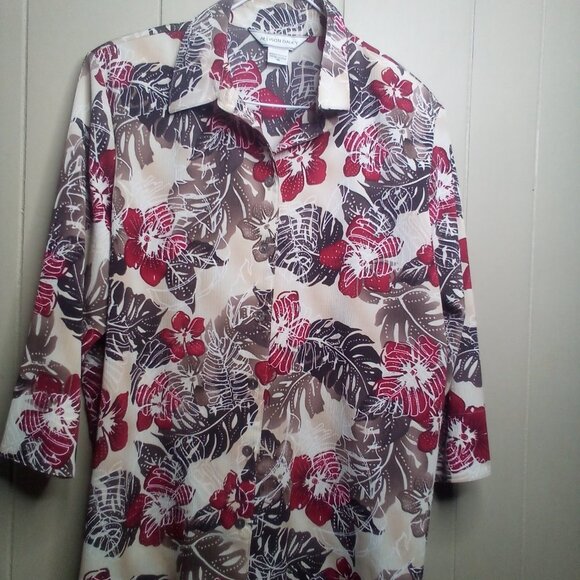 Allison Daley Blouse 16 Button Up 3/4 Sleeve Textured Floral Brown Red - Picture 11 of 13